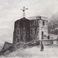 Black and white illustration of the Gothic Tower at the Edinburgh City Observatory on Calton Hill, 1792.