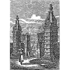 Black and white engraving of the old entrance to Caroline Park, with a woman walking past the front gate