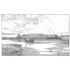 Black and white illustration of the Scottish Marine Station for Scientific Research in the quarry