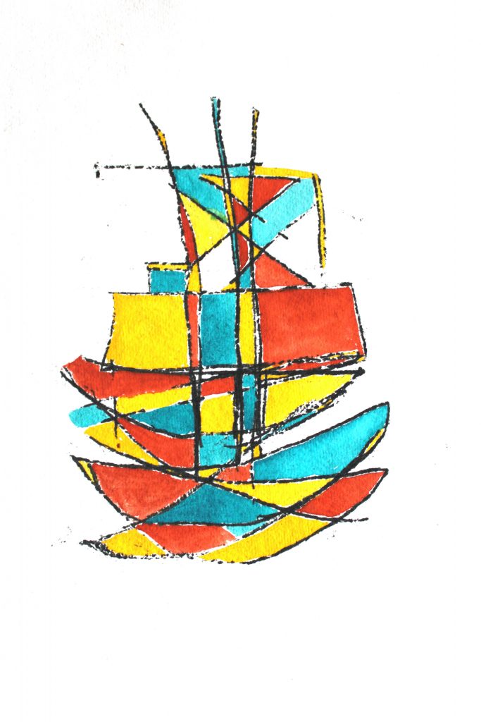 Red, yellow, and turquoise abstract illustration of boats in Granton Harbour by Louise Montgomery