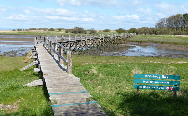 Wooden bridge crossing grass and marshy waters with a blue sky and trees in the distance. The sign in front reads "Aberlady Bay - Local Nature Reserve - No Dogs Thank You."