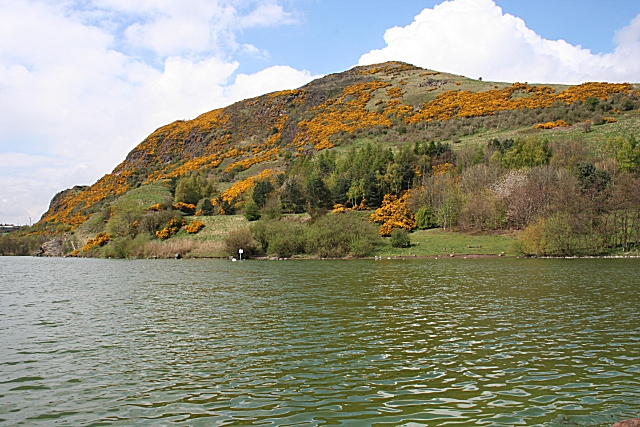 Hill covered in green and orange foliage next to green loch waters.
