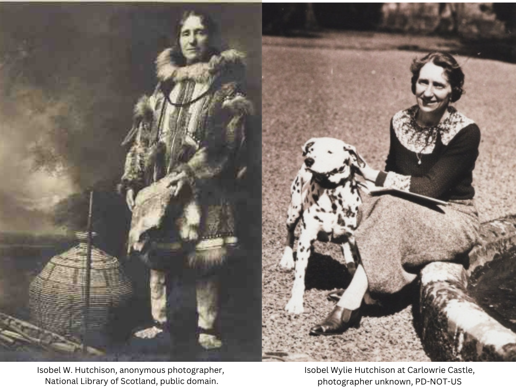 Two portraits of a dark-haired woman, the first dressed in traditional Arctic clothing (late 1920s). The second portrait features the same woman dressed in a dark jumper and wool skirt, sitting on the stone edge of a fountain or pond and petting a Dalmatian dog.