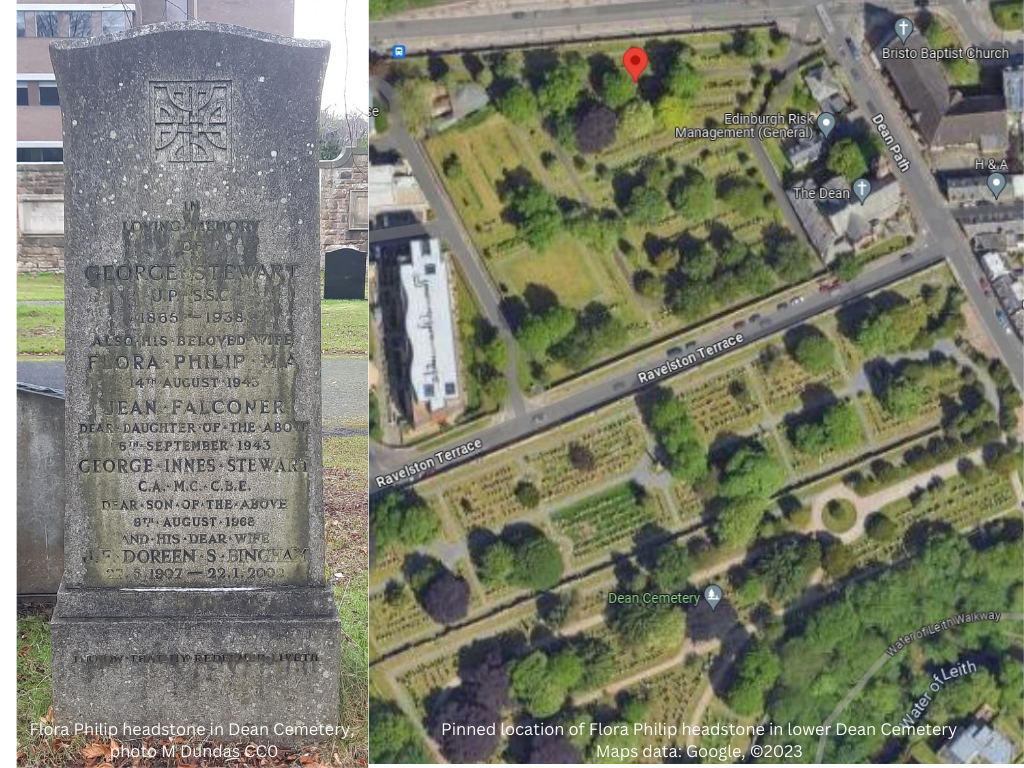 A large grey tombstone with a square knot carving at the top.  The stone is for George Stewart (1865-1938) and his beloved wife Flora Philip, M.A. (14th August 1945) and additional members of their family.

Satellite view screenshot of Google Maps Dean Cemetery showing the location of the lower cemetery and the headstone. 
