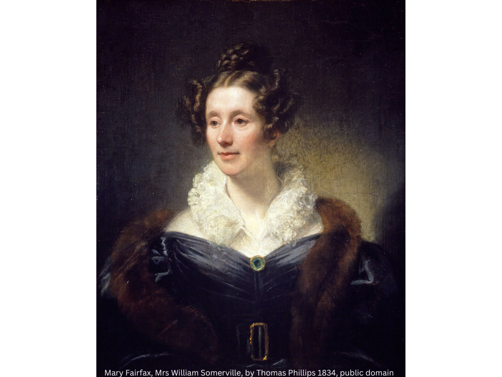 Portrait painting of a dark-haired woman with her hair up in a 1700s style, wearing a dark blue gown with a white ruff and a brown fur stole.