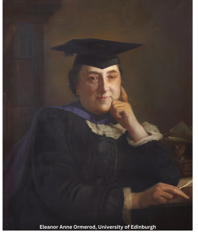 Portrait painting of a dark-haired, dark-eyed woman wearing a graduation cap and gown, posing with her left hand up to her cheek.