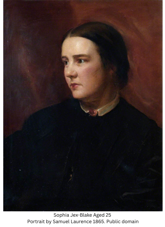 A painting of a dark-haired, dark-eyed woman with her hair back in the style of the late 1800s, wearing a dark gown with a white collar against a warm brown background.