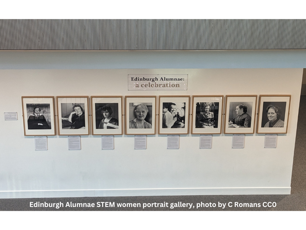 Gallery with sign reading Edinburgh Alumnae: a celebration. Eight black and white portraits of women with information cards under them are on a beige wall. 