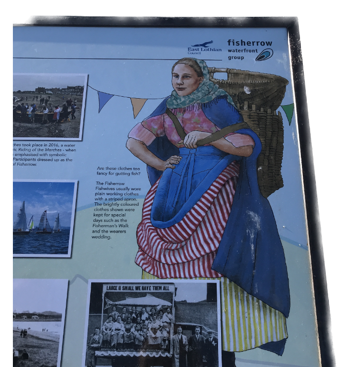 Storyboard showing historic pictures and an image of a fishwife with traditional blue coat with yellow and red dress and two fishbaskets on her back