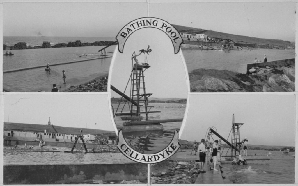 Black and white postcard with four images of the tidal pool and an oval image of a diver set in the center; decorative banner reading: Bathing Pool Cellardyke.