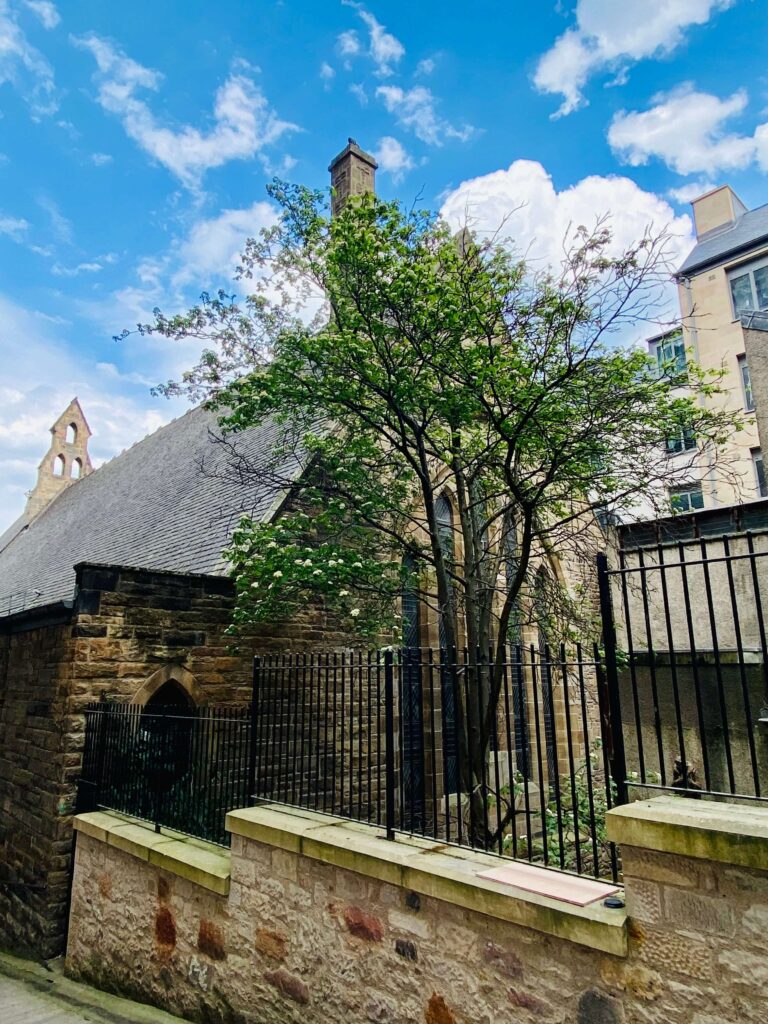 View of a limestone chapel looking down the close and partially obscured by a tree.